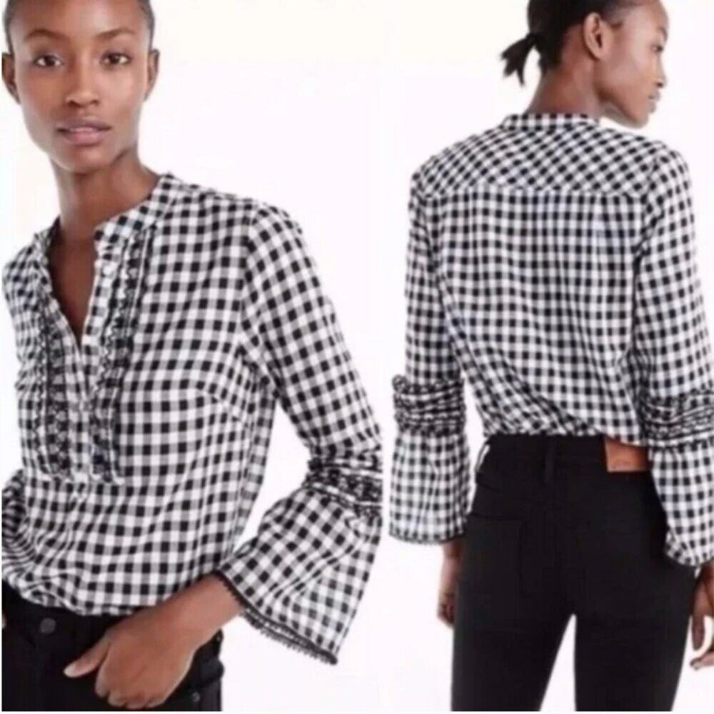J. Crew Gingham Embroidered Bell Sleeve Popover